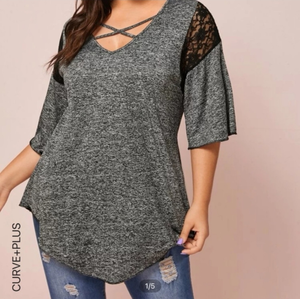 Amazon 3X Lace Panel Criss Cross Asymmetrical Hem Gray Tee 2753-E